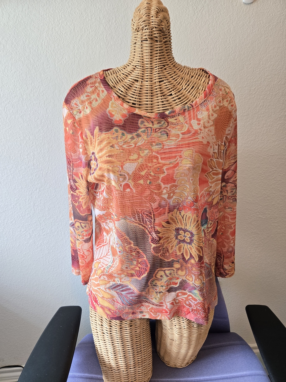 Women's Floral Wave Print Long Sleeve Blouse - Orange Mix